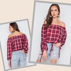 Red Plaid Peasant/Blouson Top On/Off Shoulder L